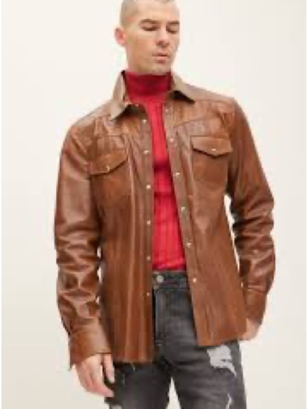 SPRWMN Brown Leather Snap Front Shirt Genuine Leather Small Quiet Luxury STAINED - Picture 5 of 16
